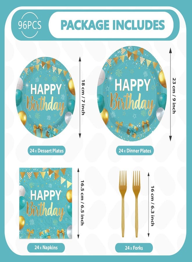Greencian 96 Pcs Teal Blue and Gold Birthday Party Supplies Happy Birthday Plates and Napkins Disposable Turquoise Aqua Teal Tableware Set for Men Women birthday Party Decorations Serves 24 - Image 5